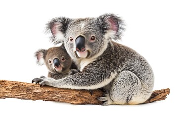 mother koala embracing her baby while sitting on a branch against a white background