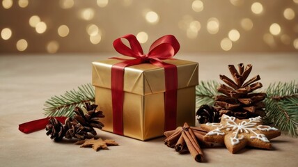 A gold box with a red ribbon sits on a table with pine cones