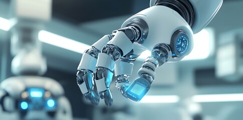 Aufkleber - A close-up of a robotic hand with a blue glowing screen. The robot is in a futuristic laboratory setting.