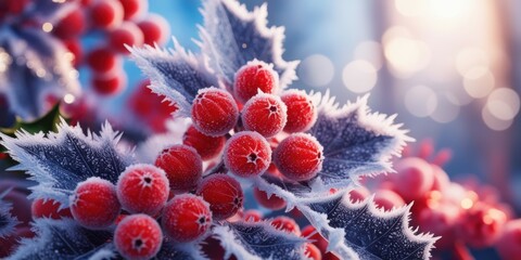 Macro photography, frozen red berries, frosty ice crystals, winter scene, bokeh background, extreme close-up, vibrant colors, cold atmosphere, detailed texture, nature photography, shallow depth of fi