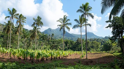 Wall Mural - A panoramic view of a tropical agroforestry system with coconut palms and understory crops like taro and ginger