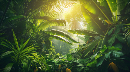 thick jungle foliage with vibrant green leaves under golden sunlight. keywords: tropical canopy, lus