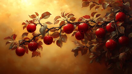 A branch of a tree laden with ripe red apples, set against a warm sunset sky.