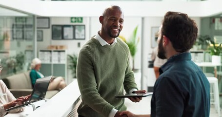 Leinwandbilder - Businessmen, handshake or meeting with tablet for b2b, deal or agreement together at office. Happy, business people or employees shaking hands with technology for teamwork or partnership at workplace