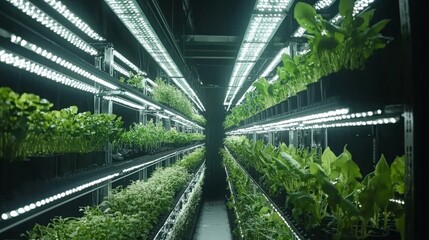 Wall Mural - A panoramic view of a vertical farm powered by AI, with plants growing in optimal conditions under LED lights