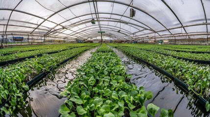 Wall Mural - A panoramic view of a vertical farm specializing in hydroponic vegetable production, with plants growing in water without soil