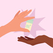 © imitystudio - human hands fingers gestures different poses holding skincare in flat illustration