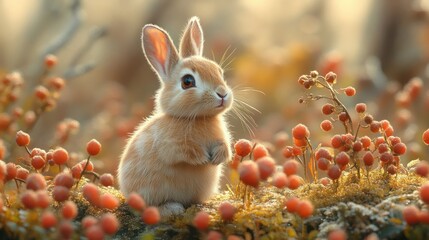 Wall Mural - A cute, fluffy bunny rabbit sits amongst red berries in a forest clearing with the morning sun shining down.