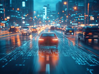 Poster - A car drives on a digital road in a city at night, illuminated by streetlights.