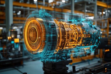 Poster - A futuristic concept of a 3D digital hologram of a machine part in a modern factory.