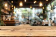 © zong - Wooden Table Top for Product Display in Blurred Background of Coffee Shop or Restaurant with Beige Color Theme and Modern Minimalist Style