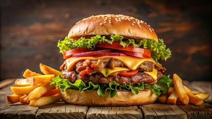 Wall Mural - A Double Cheeseburger with Lettuce, Tomato, Onion, and a Side of French Fries on a Rustic Wooden Table