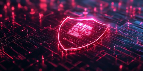 Poster - Glowing red shield on a circuit board representing digital security.