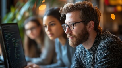 Poster - A team of young professionals work together on a computer in a modern office.