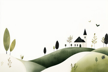 Green watercolor painting of church on hill in countryside