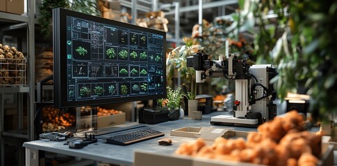 Fototapete - A robotic arm next to a computer monitor with data about plants.