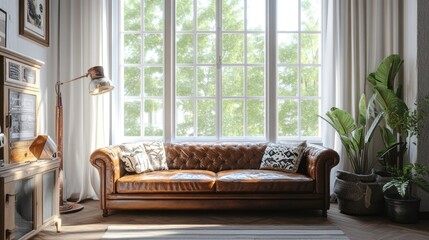 Hyperrealistic photo of a chic living room with a vintage leather sofa, rustic accents, and large windows letting in natural light. The bright, cozy design is captured with high-end magazine styling,