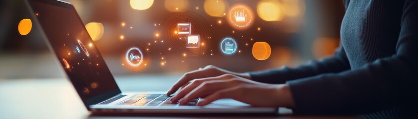 A close-up of a person typing on a laptop, with digital icons floating in the air, symbolizing technology and connectivity.