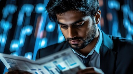 Hyperrealistic photo of: An Indian businessman analyzing CRM reports, using data to identify areas for improvement. The 32k resolution image is styled like a high-end magazine and professionally