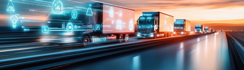 a fleet of trucks on a highway, showcasing modern technology and logistics in motion during a vibran
