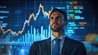 © kitipol - Very realistic photo of a businessman showcasing a bar graph with an upward trend and stock market figures displayed behind him Highlighting business success and corporate growth Styled like a