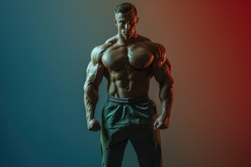 Wall Mural - fit man with a strong, muscular body and a focused mind, standing against a solid color background, 