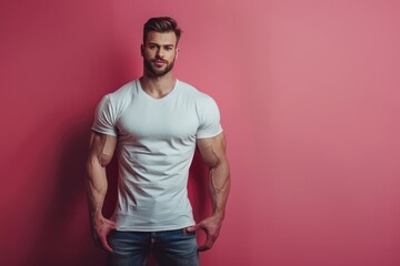 Wall Mural - smart and muscular man presenting with confidence, fit body highlighted against a solid color backgr