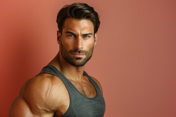 Wall Mural - close-up of a fit, muscular man presenting confidently against a solid color backdrop, emphasizing h