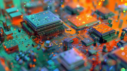Advanced Technology Visualization: Printed Circuit Board Server with Glowing Code and Bokeh Effects