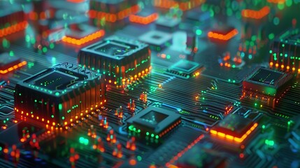 Advanced Technology Visualization: Printed Circuit Board Server with Glowing Code and Bokeh Effects