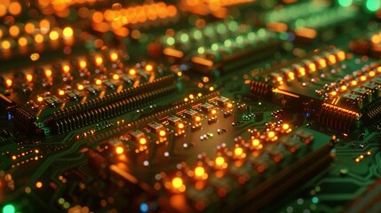 Illuminated Circuitry: Futuristic Server Design Featuring Colorful Bokeh and Code Processing Elements