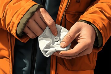 Watercolor illustration of a detectiveâ€™s hand placing a small piece of evidence into a bag, with soft colors capturing the care and subtlety in gathering clues, symbolizing calm and attention