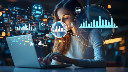 Woman using laptop and AI chat bot for creative services Video