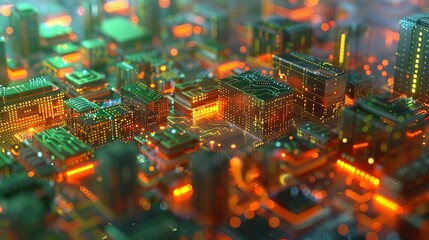 Tech Innovation Showcase: 3D Circuit Board Server with Bright Colors and Abstract Code Background