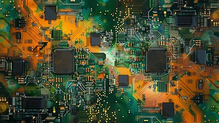 Tech Innovation Showcase: 3D Circuit Board Server with Bright Colors and Abstract Code Background