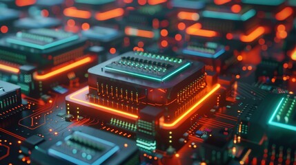 Tech Innovation Showcase: 3D Circuit Board Server with Bright Colors and Abstract Code Background