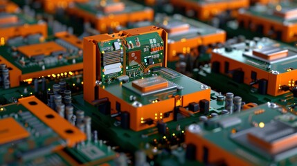 Tech Innovation Showcase: 3D Circuit Board Server with Bright Colors and Abstract Code Background