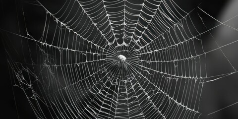 Spider web, intricate details, morning dew, droplets, symmetrical pattern, delicate threads, black and white, macro photography, natural geometry, glistening, ethereal, atmospheric, moody, foggy backg