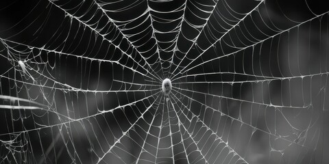 Spider web, intricate details, morning dew, droplets, symmetrical pattern, delicate threads, black and white, macro photography, natural geometry, glistening, ethereal, atmospheric, moody, foggy backg