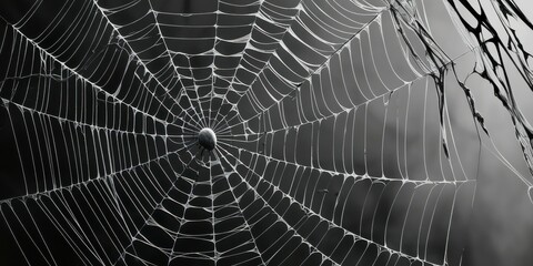 Spider web, intricate details, morning dew, droplets, symmetrical pattern, delicate threads, black and white, macro photography, natural geometry, glistening, ethereal, atmospheric, moody, foggy backg