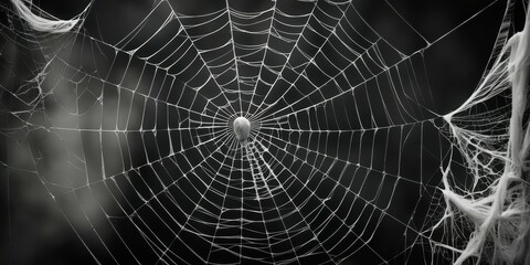 Spider web, intricate details, morning dew, droplets, symmetrical pattern, delicate threads, black and white, macro photography, natural geometry, glistening, ethereal, atmospheric, moody, foggy backg