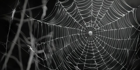 Spider web, intricate details, morning dew, droplets, symmetrical pattern, delicate threads, black and white, macro photography, natural geometry, glistening, ethereal, atmospheric, moody, foggy backg