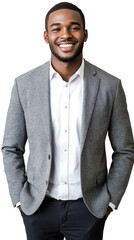 png image of cheerful african american professional man in a grey blazer