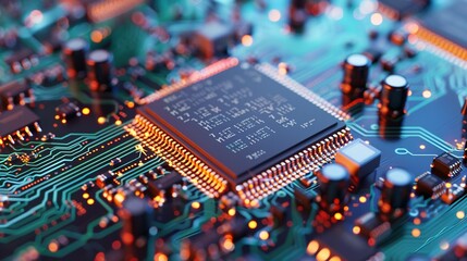 Futuristic Circuit Board Design: 3D Rendering of Server Processing with Vibrant Color Background