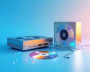 This artistic image showcases a retro CD player with colorful disks against a vibrant blue and pink background, evoking nostalgia for vintage audio technology.