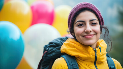 cheerful female hiker in yellow jacket and maroon beanie smiles against backdrop of colorful balloons, embodying adventure and joy in nature