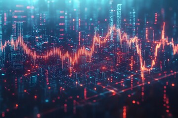 Abstract digital cityscape with a red line graph representing data flow, network, or growth.