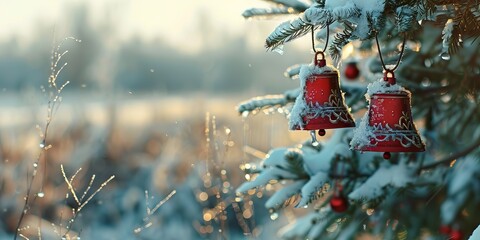 Wall Mural - Christmas bells blended with a snowy field.