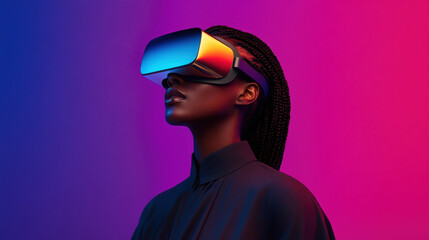 striking woman wearing futuristic virtual reality goggles against vibrant gradient background, showcasing blend of technology and style