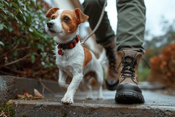 Woman walking Jack Russell Terrier on concrete steps on sunny day